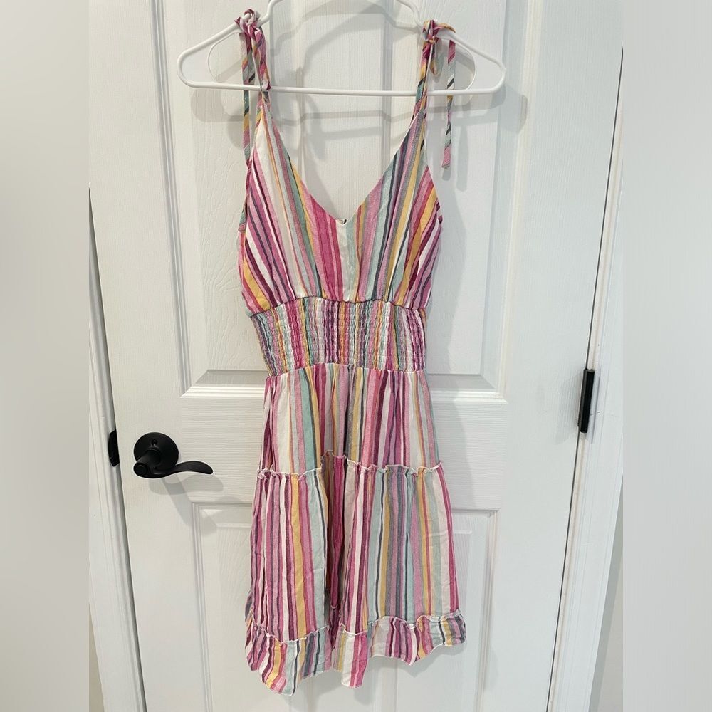 Main Strip Striped Tiered Tie Strap Mini A Line V Neck Dress Women’s Size S
